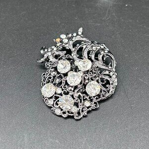 Gunmetal and Clear Rhinestones Abstract Brooch Pin Jewelry Accessory
